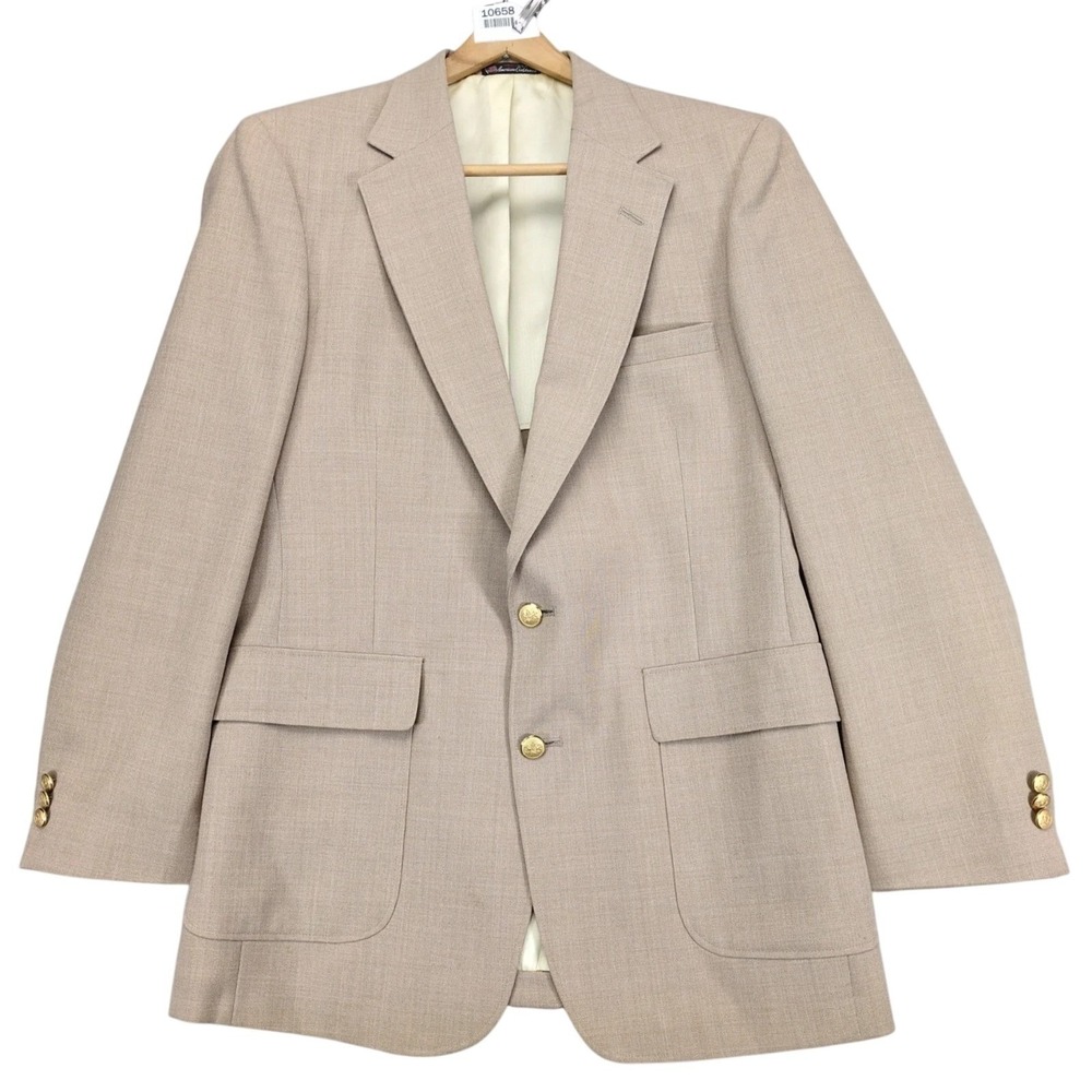 Vintage Stafford Beige Textured Blazer Mens 42L Gold Crest Buttons‎ Made USA 80s